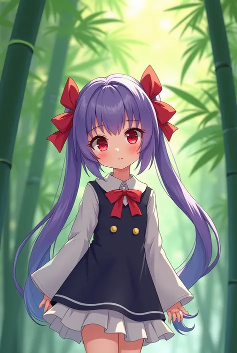 "Illustrate a manhua-style girl with very long purple hair tied into twin tails that reach below her knees. Her hair is decorated with a bright red ribbon, and she has striking red eyes. She has a petite, -like body, resembling a ten year old , with a smal...