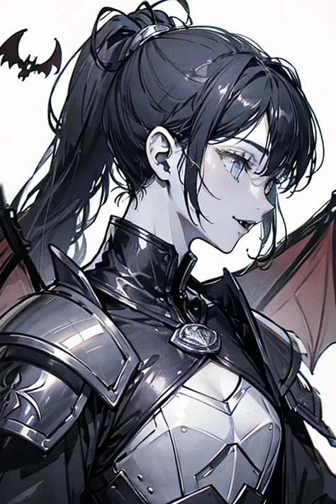 vampire 1 ,woman,Canine, sharp fangs, no background,Precision, high definition,masterpiece, pointy ears, portrait, Bats , cute,Black and White,2D, sexy,middle ages, fantasy,profile, has a grin,Japan,Right beside,lip, ponytail , upper body,armor