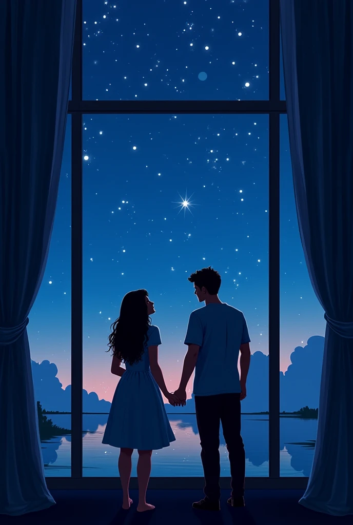 painting of a woman and man standing infront of a window at the night, they kissing each other,  calm night. digital illustration, dreamy night, ☁🌪🌕👩🏾, relaxing mood, serene illustration, watching the stars, dreamy illustration, mystical night, starry nigh...