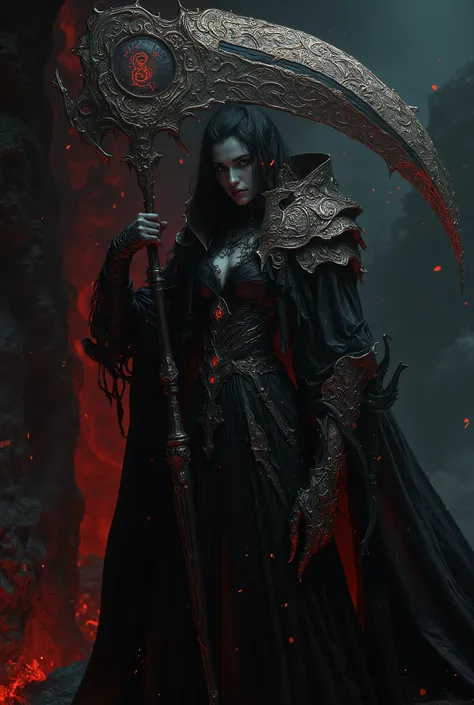 a dark-haired woman in a black dress, the most beautiful female death in the world, holding a scythe with the letters "EM" engraved on it, dark fantasy, gothic, dramatic lighting, cinematic, detailed portrait, chiaroscuro, dramatic pose, intricate clothing...