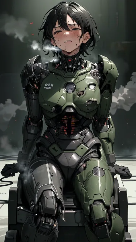 ,      very detailed ,   more info  ,     high definition   , 最    high definition   ,      high resolution    , 1080P 、    smoke coming out of the wound     　 green armor 、      Steam Coming Out     、 cute(( serious damage to the whole body ))(     injure...