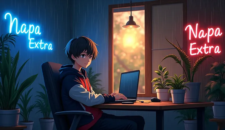 1. Night Blue Light: An anime age boy wearing a black-and-white hoodie sits at a digital desk with a laptop and microphone in front of him. The background features a dark blue ambiance, with plants casting shadows around the table. On the wall, "NAPA EXTRA...