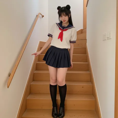 Amateur photo of a woman posing confidently in wooden stairs. She has a natural, youthful look with no makeup, her long black hair with bangs framing her delicate features. She is fully dressed in a classic Japanese schoolgirl outfit, featuring a short ple...