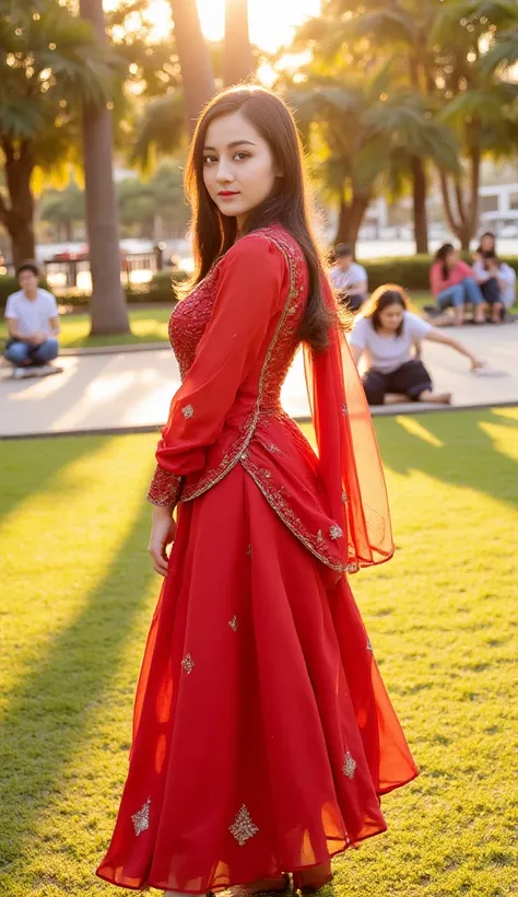 In a serene park setting, a young woman stands gracefully, embodying elegance and charm. She is dressed in a vibrant red traditional attire, adorned with intricate golden embroidery that glimmers softly in the ambient light. The outfit flows elegantly arou...