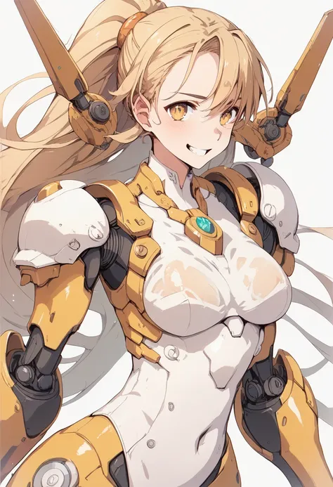  pt,I'm wearing a yellow and orange see-through mechanical leotard、  smiling girl 、 Shiny Wet Skin  ,  woman with a ponytail  ,  yellow leotard  ,  white leotard ,水色ライトのい  mechanical armor ,（  top quality）,（8k）,  mechanical armor ,Show all,（  thin looking ...