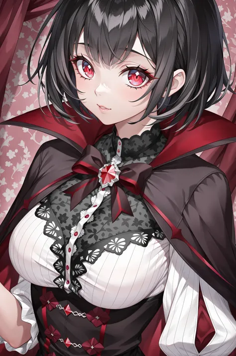 A cute vampire girl with short black hair and red eyes, intricate details), masterpiece, best quality,absurdres