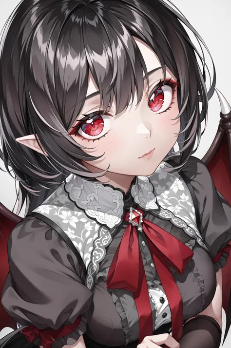 A cute vampire girl with short black hair and red eyes, intricate details), masterpiece, best quality,absurdres