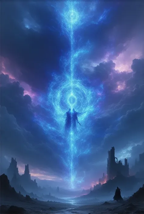 "Epic celestial battle between gods of light and darkness, known as the War of Dusk. Mighty divine warriors clash in the skies, wielding radiant and shadowy powers. In the final moment, the Dark God Nihar is sealed away by glowing mystical sigils, his furi...