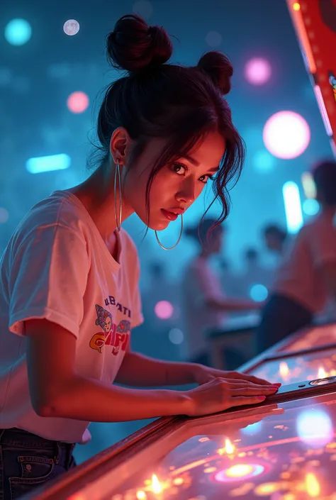 Pinball woman in arcade wearing tshirt and dark hair in space buns