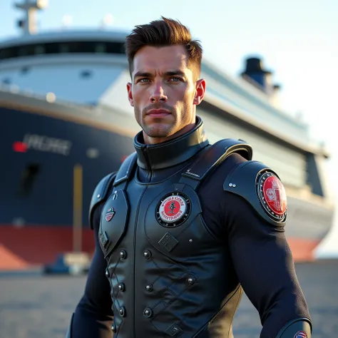 A handsome man without a beard with brown hair in a firefighter's combat suit. In the background, the Aurora cruiser