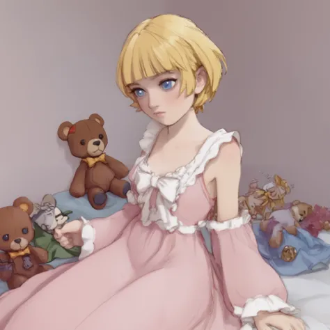 a very young ,  Long dress in pink pajamas   、  Full image of a girl holding a teddy bear  ,   blue eyes、 Light pink room in the background  、 short hair, mystery,bow hair,  whole body,bed in the background 、 Blue eyes and  short hair ,quarto feminino beau...