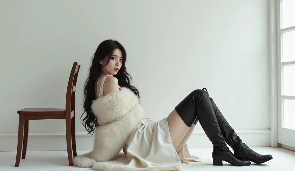 The image shows a young woman lying on the floor in a room with a white wall and a wooden chair. She is wearing a white dress with a fur stole draped over her body and thigh-high boots. Her legs are stretched out in front of her and she is resting her head...