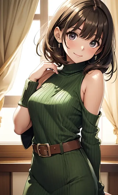 、Shiny brown hair, short hair, (Beautiful brown eyes、Sparkling eyes, fine grain)、smile、Very fine eye、Highly detailed face, Highly detailed eyes,Cowboy Shot、 (One Girl,gravure_stop temporarily), ((Green sleeveless one-shoulder ribbed knit mini dress)),,One-...