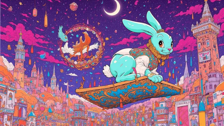  Bipedal Blue Rabbit Riding a Flying Carpet ,A slender, skinny rabbit , cute rabbit wrapped in a turban , Bejeweled Vest , Aladdin's Town Aglaver , Crescent Night , drawn on a purple background, Ultra Detailed Paintings Inspired by Anime Characters , psych...