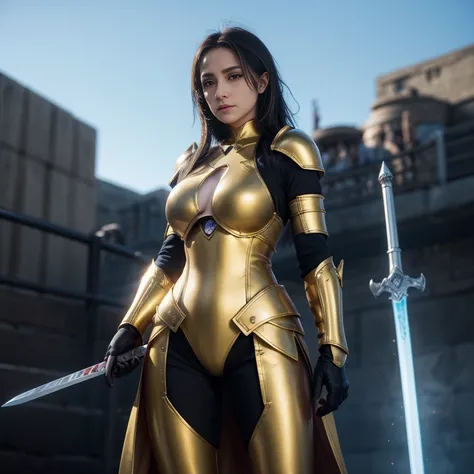 a female character in a game with a sword, breasts, gloves, standing, outdoors, sky, armor, bodysuit, glowing, colored skin, shoulder armor, gold armor