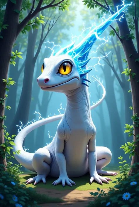 A white lizard with lightning coming out of his blue horn and yellow eyes in the forest anime