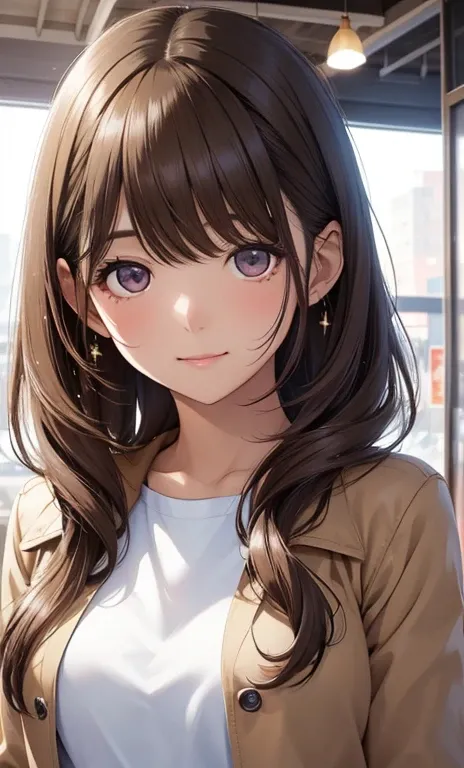 anegasaki nene, shiny chestnut hair, (brown pretty eyes, sparkling eyes, fine eyes), smiling face, super detailed eyes, highly detailed face, highly detailed eyes, (masterpiece:1.2, best quality), 1 girl, cowboy shot, 



 Hair、Full Breasted White T Shirt ...