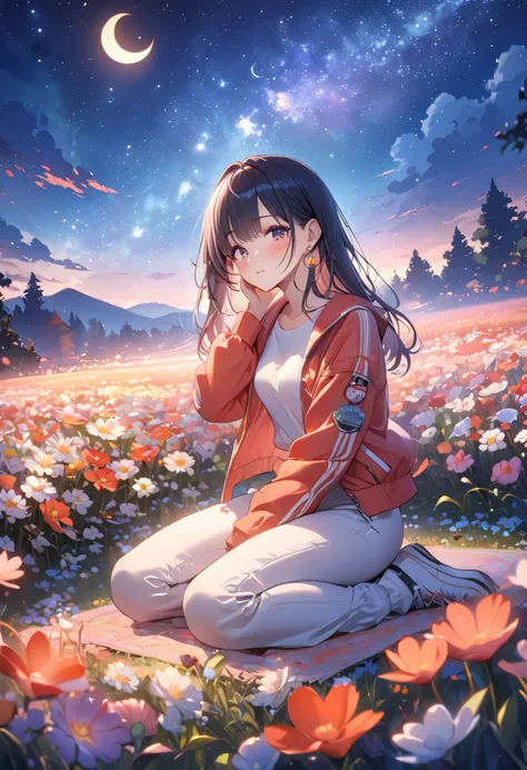 anime, wallpaper,  girl,  sexy,  Beautiful грудь,  perfect anatomy, jacket, Beautiful pants ,  red scrambler,  bright colors , earrings,  Look at heaven , Charming,  Beautiful,  starry sky , DEEP NIGHT, crescent moon ,  sits on a carpet in a field ,  beaut...