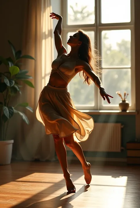 
person dancing with simple turns or quick steps, dancing near a window with natural light even on cloudy days we can shine realistic