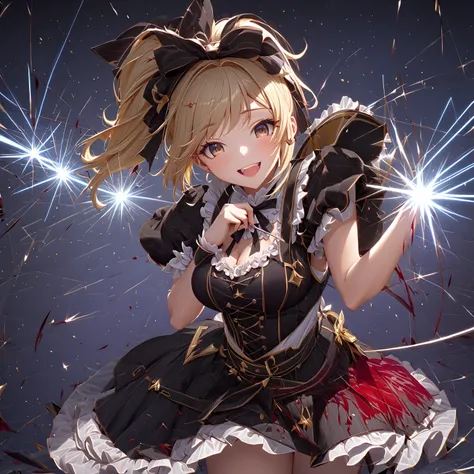 woman\((Blood:1.2),************,青whiteい肌,( evil smile:1.3), open mouth , keen teeth,hair\(black, ponytail ,  Details,Sparkling\),hairclip\(black\), \(,black,white, lolita fashion \), skirt\(black,short\),Tea Belt,Corners of the Eyes\(light blue\),(Narrow e...