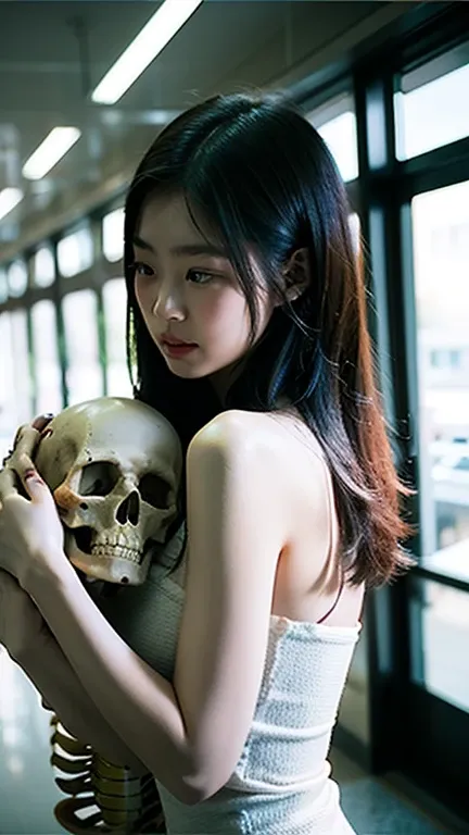  cinematic stills , Abandoned Hospital、Asian girl hugged by a skeleton