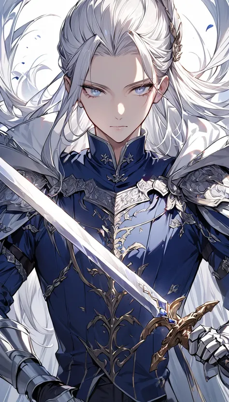 Detailed eye depiction， one woman，neutral，knight，nice， Handsome，Handsome ，calm，Handsome，Slender， Silver White Long Hair，comb hair back， Light Blue Eyes ，Delicate five-pointed detail ， exquisite eyes ,  Sharp Eyes ， Expressionless face ， Dark Blue Army Unif...