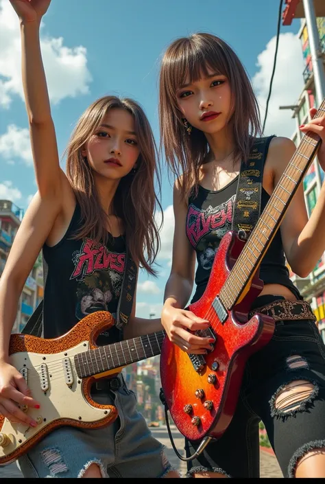 Create two agers girls with guitars and Rock in Rio metal style shirts