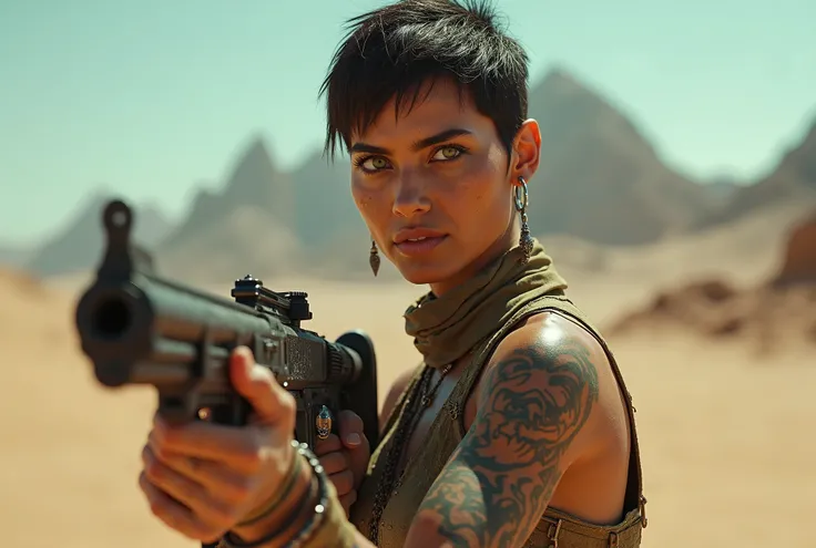 cinematic close up photography of a beautiful Indian woman, green eyes, short hair, sexy and sculptural body, beautiful breasts, many tattoos, with old and torn sexy military clothing holding a 556 rifle with both hands, walking in the desert in the backgr...