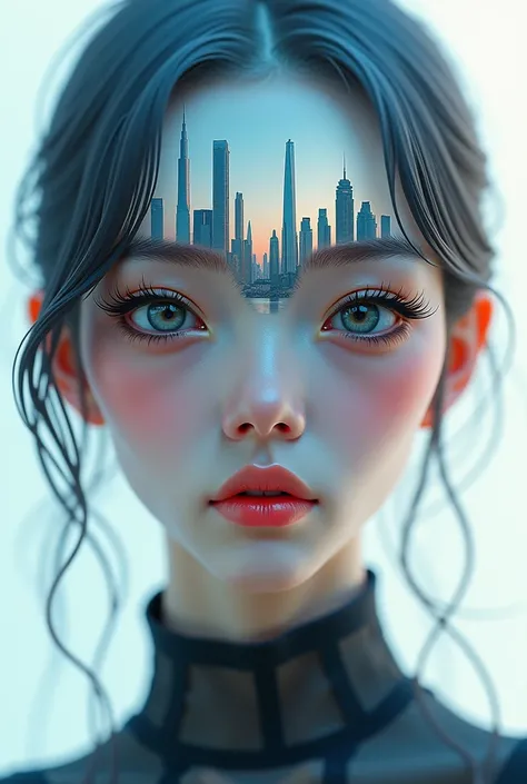 
" futuristic cityscape , towering skyscrapers,  Partially transparent mixed ,  blends in with the girl's face .  The girl has smooth skin ,  The skyline of the city softly reflects . Her expression is calm and contemplative ,  long eyelashes cast shadows ...