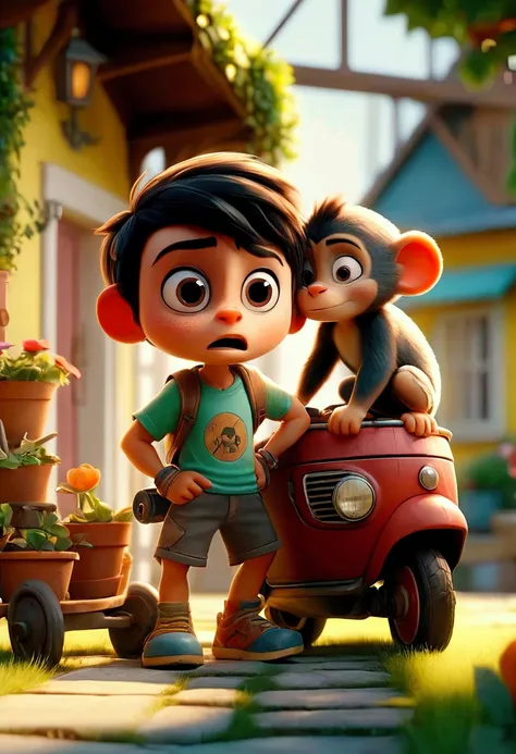 In 3D movie style , HD image,  realistic image, colorful image. character,  an  boy with disheveled brown hair in a yellow t-shirt and blue shorts with his friend a small and furry Monito, action, playing outside the house in the garden 