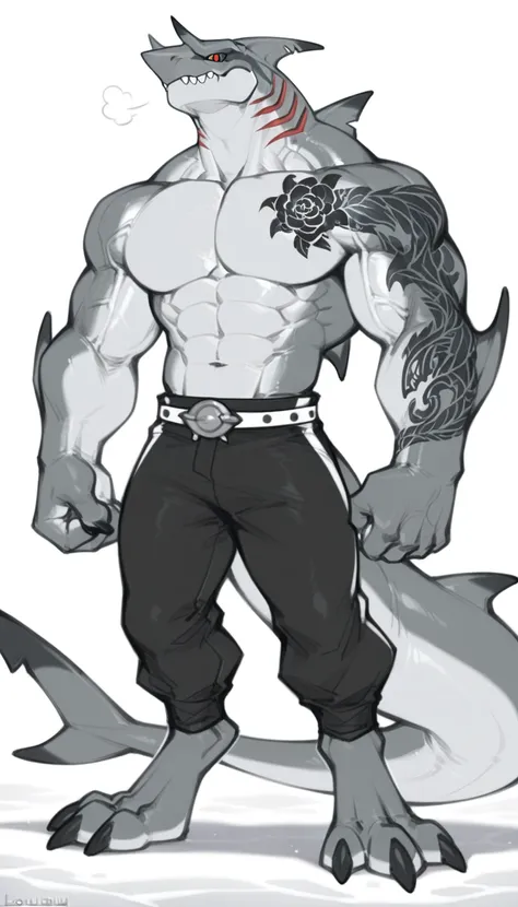 sharkman, anthro megalodon, darker hands and fins, solo, big arms, bara, detailed skin, lizard shark hybrid, anthro, closed mouth, polynesian tattoos, tattoos covering arm and shoulder, detailed scalie skin, scalie arms, fins on arms, gray color body, beef...