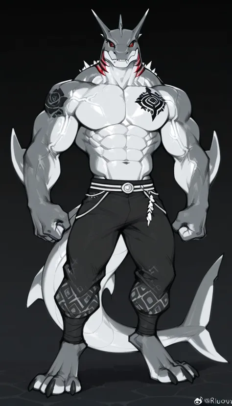 sharkman, anthro megalodon, darker hands and fins, black back, solo, big arms, bara, detailed skin, lizard shark hybrid, anthro, closed mouth, polynesian tattoos, tattoos covering arm and shoulder, detailed scalie skin, scalie arms, fins on arms, gray colo...