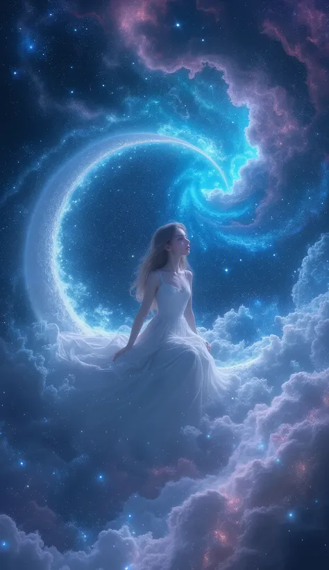 A girl sitting on a crescent moon, surrounded by sparkling stars and auroras, her flowing dress blending into the cosmic background, ((masterpiece, ultra-realistic, 8K resolution))