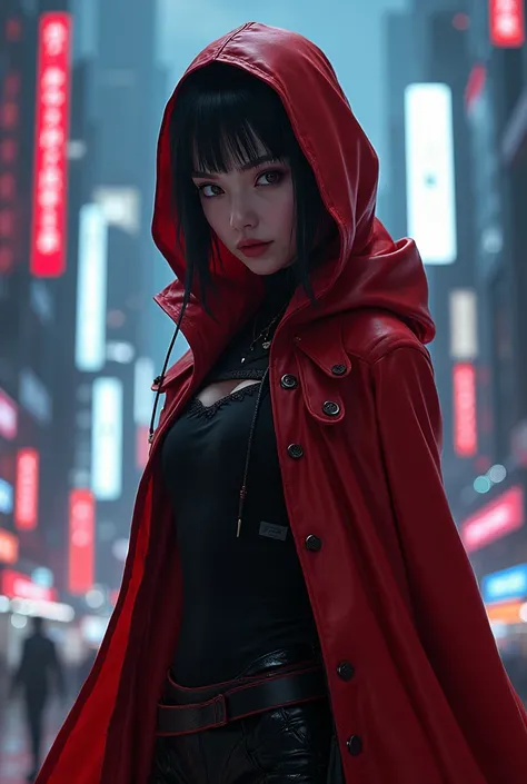 cyberpunk little red riding hood gothic, full body, realistic, ultradetailed, resolution, high definition image, in anime stile, qualidade 8k, cinematic

