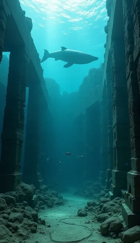 underwater ruins, the lost city of Atlantis, ultra detailed, beautiful lighting, a cinematic photograph of an ancient underwater civilization, long forgotten, majestic civilization underwater, whales, fish