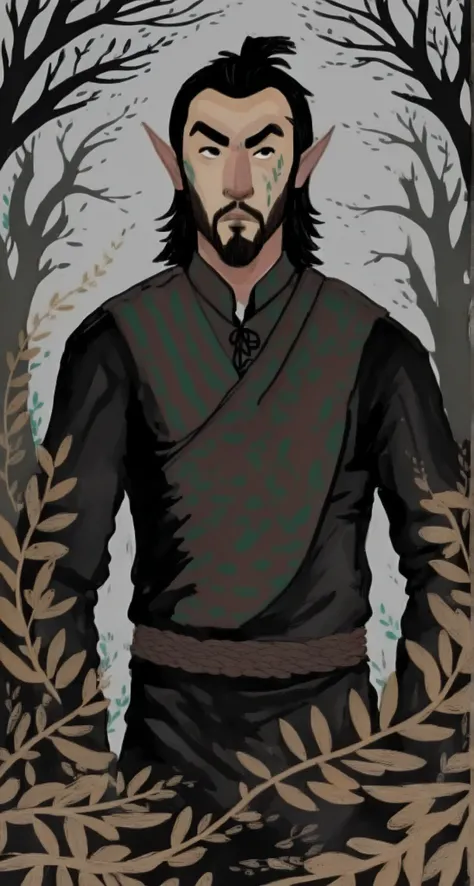 2D ART, hyper detailed gouache painting, illustration, gougoupaintleaves style, portrait of a man, 1boy, solo, long_hair, braided brown hair, high_ponytail_hairstyle, male_drow:1.5, dark elf, black eyes, black_sclera, detailed face, handsome features, dark...