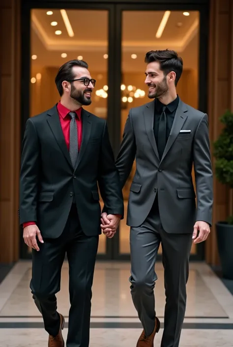 Handsome Arab 40-year-old man dressed in a black 3-piece suit wearing a red shirt and gray tie with dark glasses holding hands with handsome 30-year-old young man dressed in a dark gray suit with a black shirt and black tie leaving a luxury hotel together ...