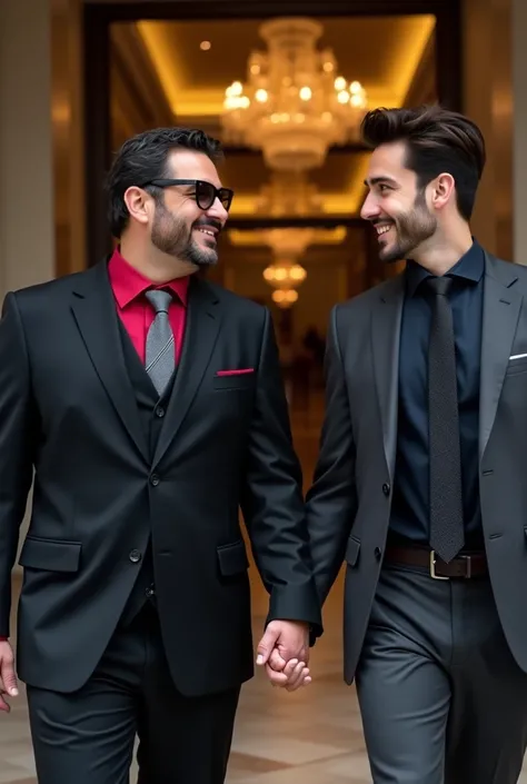 Handsome Arab 40-year-old man dressed in a black 3-piece suit wearing a red shirt and gray tie with dark glasses holding hands with handsome 30-year-old young man dressed in a dark gray suit with a black shirt and black tie leaving a luxury hotel together ...