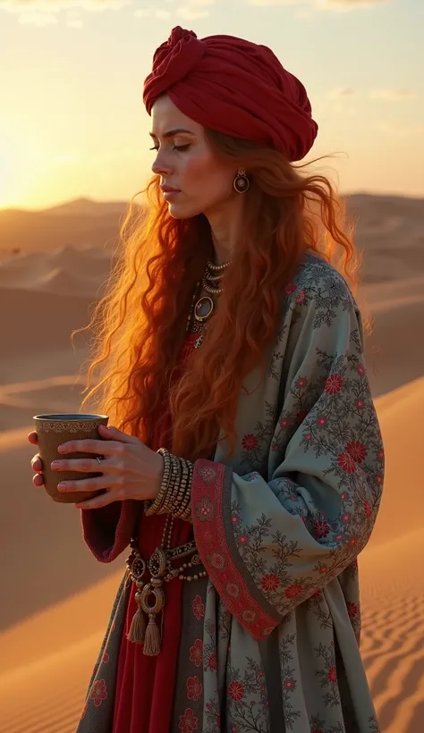  A realistic image characterized by precise details and extreme realism ,  for a beautiful gypsy woman with long red hair , Wearing a red turban on his head, marche dans le désert au milieu des dunes de sable avec un chameau, de hautes dunes de sable au co...