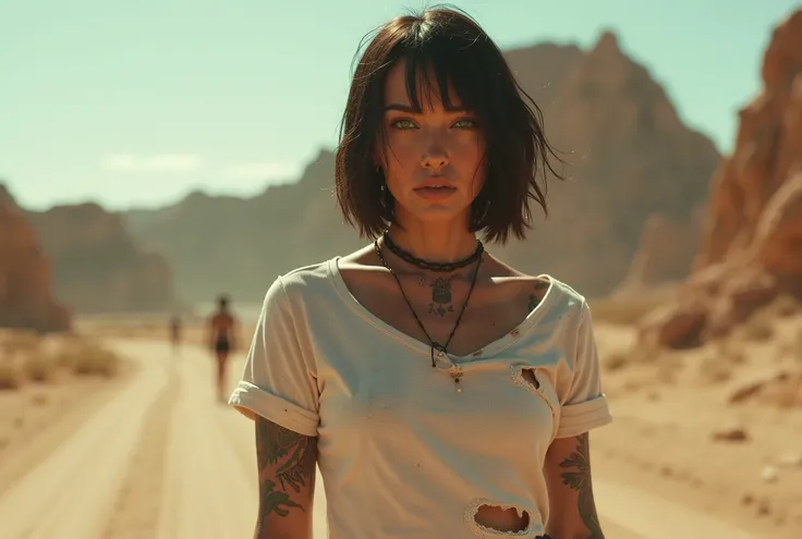 cinematic close up photography of a beautiful native american woman, green eyes, short straight hair, sexy and sculpted body, lots of tattoos, with old and ripped sexy white t-shirt, walking in the middle of the desert, post-apocalypse sci-fi mad max style...