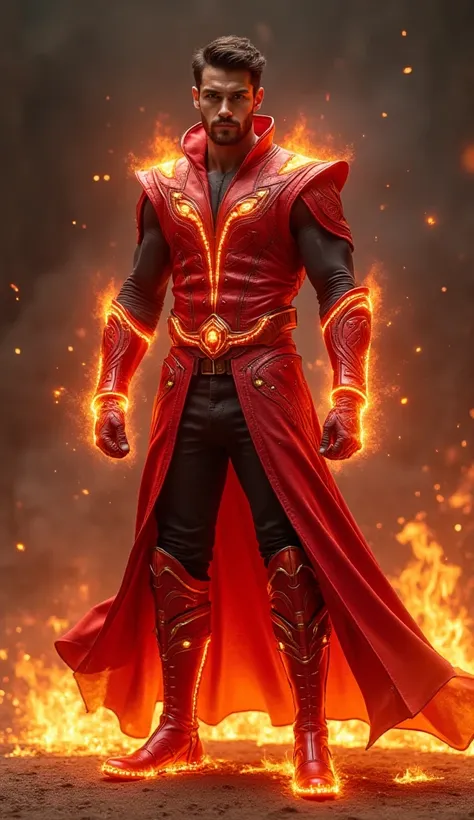 Full body photorealistic handsome hunky young slender futuristic handsome wizard, wearing red leather jewelled costume with gloves and belt and boots,  and wristbands that can manipulate energy , his body is covered with fire energy,,super Bulge. 