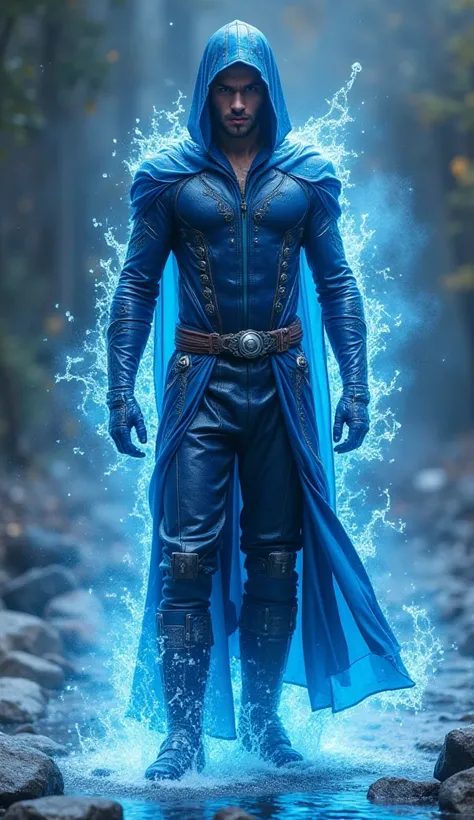 Full body photorealistic handsome hunky young slender futuristic handsome wizard, wearing blue leather jewelled costume with gloves and belt and boots,  and wristbands that can manipulate energy , his body is covered with water energy,,super Bulge. 