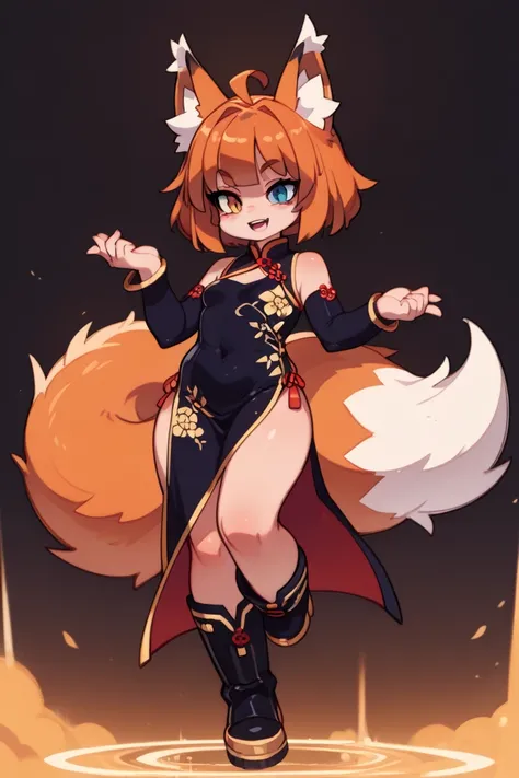  1 woman( heterochromic iridosis eye(Blue and gold )、masterpiece,  top quality,  Amazing Quality ,   very aesthetic  ,  high resolution,  Super Detail,   is ridiculous)、background(Blacksmith)、 Orange Hair( very short( Unkempt Hair)、 fox ear、black shiny lon...