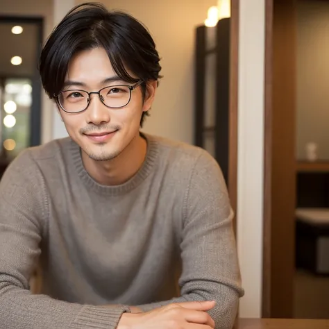 "A Japanese man in his 30s with a clean and neat appearance. He wears glasses and has natural curly hair. His expression is gentle, exuding a friendly and approachable atmosphere, making him easy to talk to. The image should convey a calm, warm, and welcom...