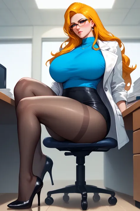 A woman 43 years old,  tall cowgirl ,  long blond hair,  Big breasts,  long legs ,  big thighs,white jacket blue shirt , minifalda negra, black pantyhose ,  black heels, She is sitting in a chair inside a doctor's office she wears glasses,blush , She is ve...