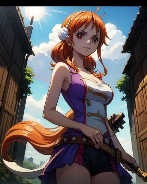 (最高masterpiece,  top quality, 4K, 8k,  high resolution,masterpiece:1.2), Nami in One Piece,smile,Mysterious Knight,Miracle,Power Spot,Fantastic world tree,Green Sun,Holy Sword,Holy Swordの斬撃,She's on an adventure to defeat the demon king,Mysterious Knightで剣...