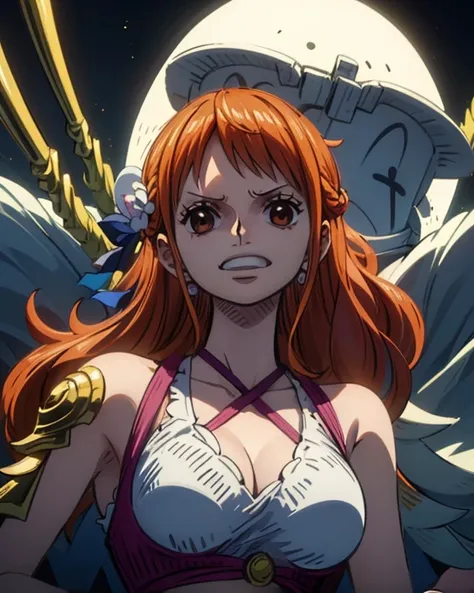 (最高masterpiece,  top quality, 4K, 8k,  high resolution,masterpiece:1.2), Nami in One Piece,smile,Mysterious Knight,Miracle,Power Spot,Fantastic world tree,Green Sun,Holy Sword,Holy Swordの斬撃,She's on an adventure to defeat the demon king,Mysterious Knightで剣...