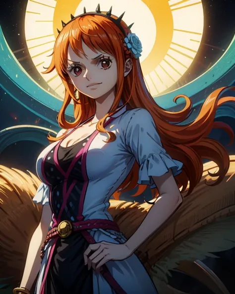 (最高masterpiece,  top quality, 4K, 8k,  high resolution,masterpiece:1.2), Nami in One Piece,smile,Mysterious Knight,Miracle,Power Spot,Fantastic world tree,Green Sun,Holy Sword,Holy Swordの斬撃,She's on an adventure to defeat the demon king,Mysterious Knightで剣...