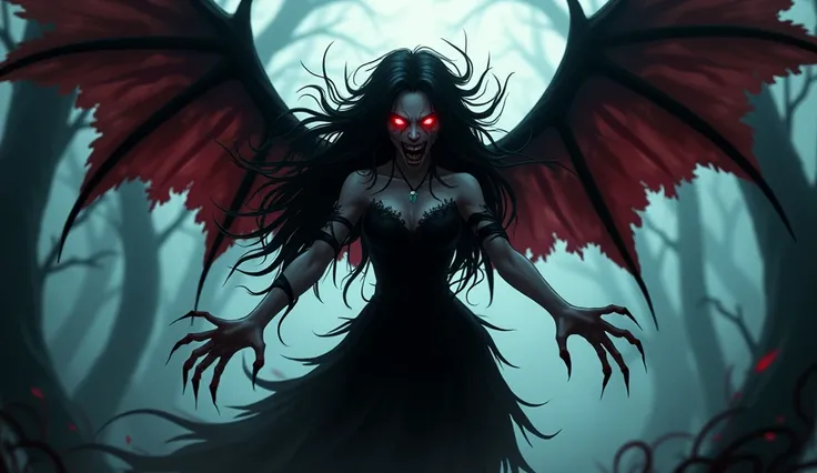 "A terrifying dark fairy with blood-red glowing eyes, long sharp fangs, and black tattered wings. Her body emits a swirling dark mist, and her long clawed fingers are reaching out menacingly. Her hair is long, wild, and dark, flowing unnaturally as if caug...