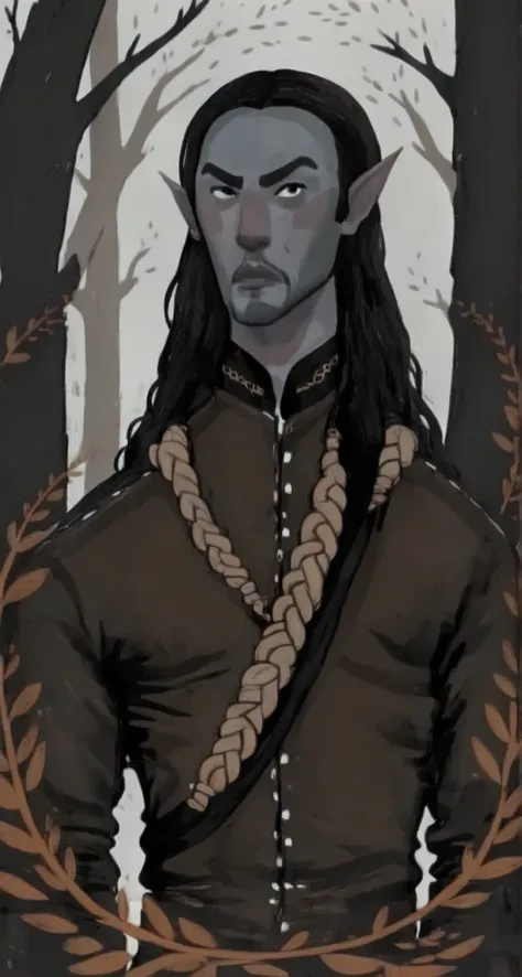 2D ART, hyper detailed gouache painting, illustration, gougoupaintleaves style, portrait of a man, 1boy, solo, long_hair, braided brown hair, high_ponytail_hairstyle, male_drow:1.5, dark elf, black eyes, black_sclera, detailed face, handsome features, dark...